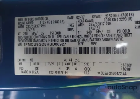 2017 Ford Escape Se from USA, damaged, VIN 1FMCU9GD8HUD06927